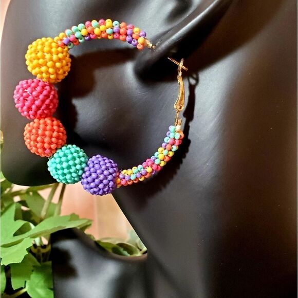 Multi-color Seed Bead Ball Hoop Earrings - Picture 6 of 8